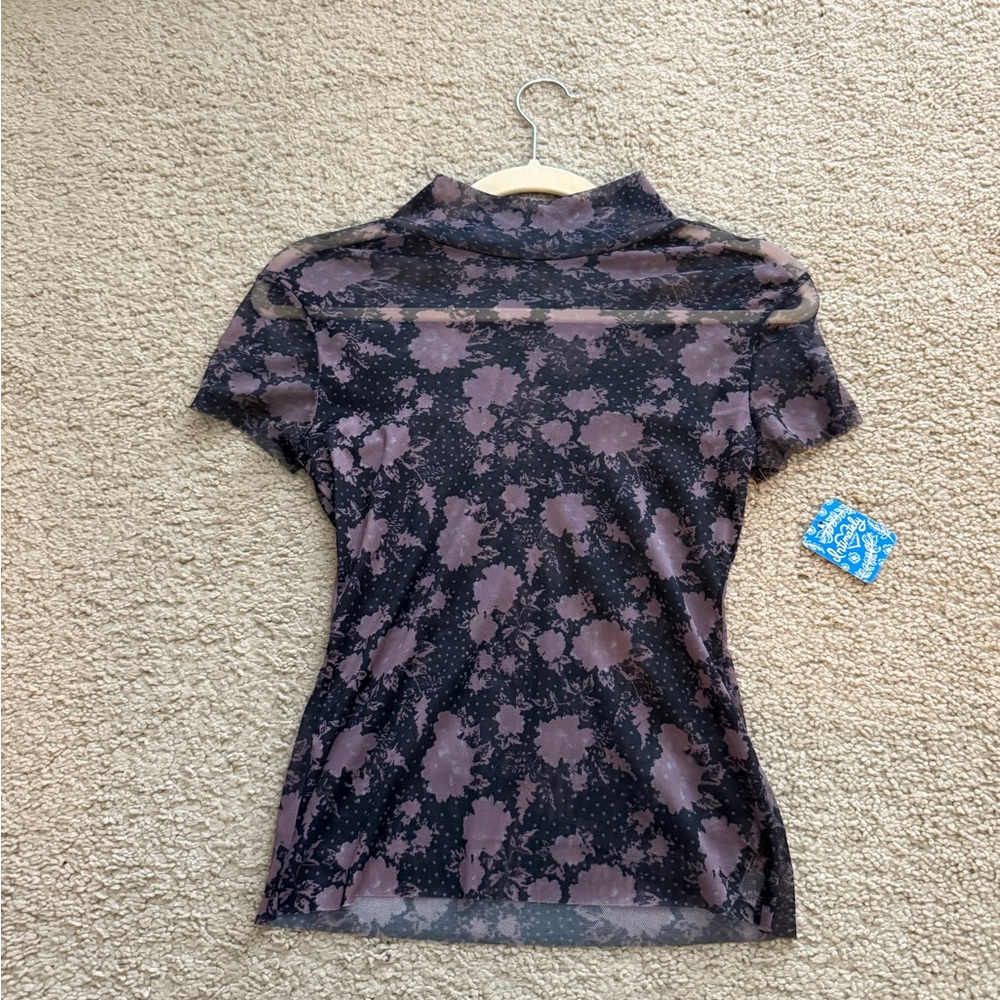Free People Black and Brown Floral Mesh Blouse